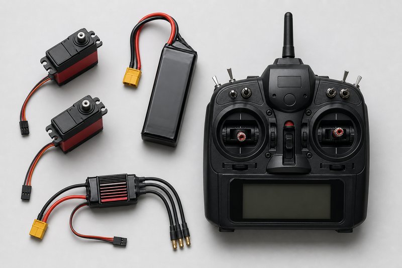 RC-Elektronik-Komponenten: Servo, LiPo-Akku, Fernsteuerung