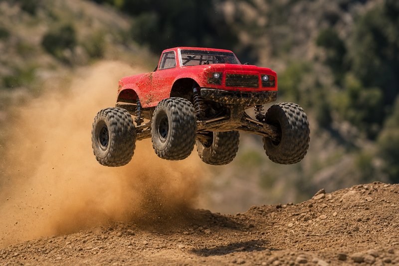 RC-Buggy auf einer Offroad-Strecke in der Luft
